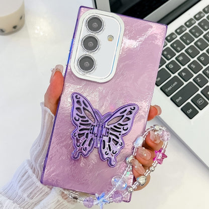 For Samsung Galaxy S25 5G Plating Glitter Lens Film Texture Butterfly Holder Wristband Phone Case(Purple Tinfoil Texture) by buy2fix