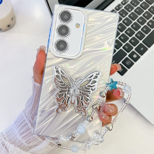 For Samsung Galaxy S25+ 5G Plating Glitter Lens Film Texture Butterfly Holder Wristband Phone Case(White Water Ripples) - Galaxy S25+ 5G Cases by buy2fix | Online Shopping UK | buy2fix