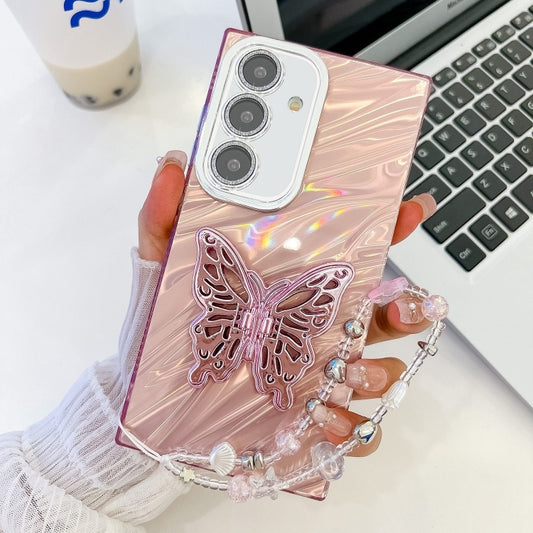 For Samsung Galaxy S25+ 5G Plating Glitter Lens Film Texture Butterfly Holder Wristband Phone Case(Pink Water Ripples) - Galaxy S25+ 5G Cases by buy2fix | Online Shopping UK | buy2fix