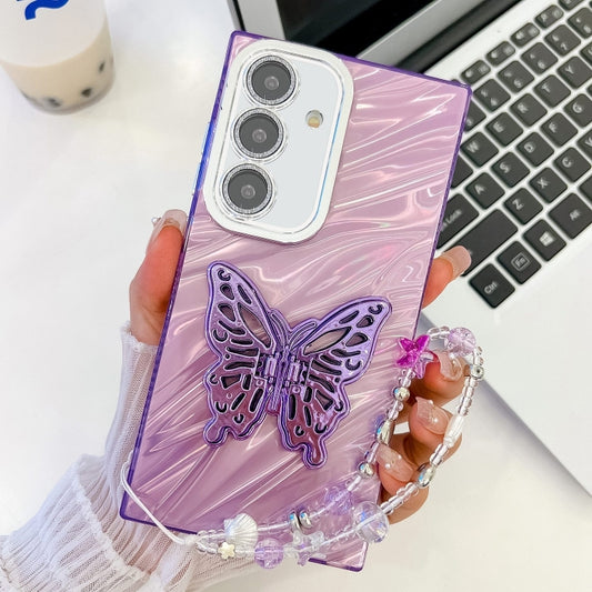 For Samsung Galaxy S25+ 5G Plating Glitter Lens Film Texture Butterfly Holder Wristband Phone Case(Purple Water Ripples) - Galaxy S25+ 5G Cases by buy2fix | Online Shopping UK | buy2fix