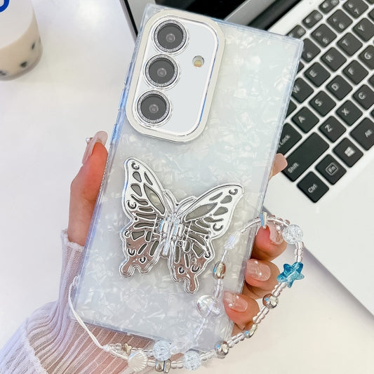 For Samsung Galaxy S25+ 5G Plating Glitter Lens Film Texture Butterfly Holder Wristband Phone Case(White Shell Pattern) - Galaxy S25+ 5G Cases by buy2fix | Online Shopping UK | buy2fix