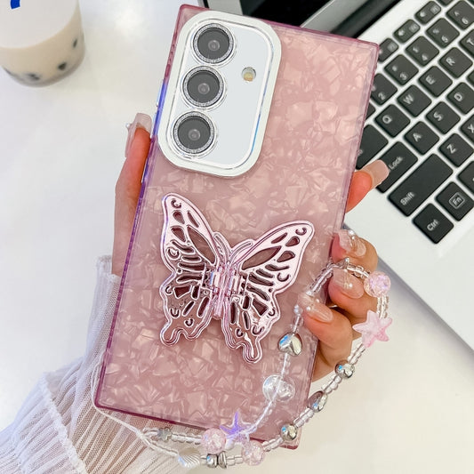 For Samsung Galaxy S25+ 5G Plating Glitter Lens Film Texture Butterfly Holder Wristband Phone Case(Pink Shell Pattern) - Galaxy S25+ 5G Cases by buy2fix | Online Shopping UK | buy2fix