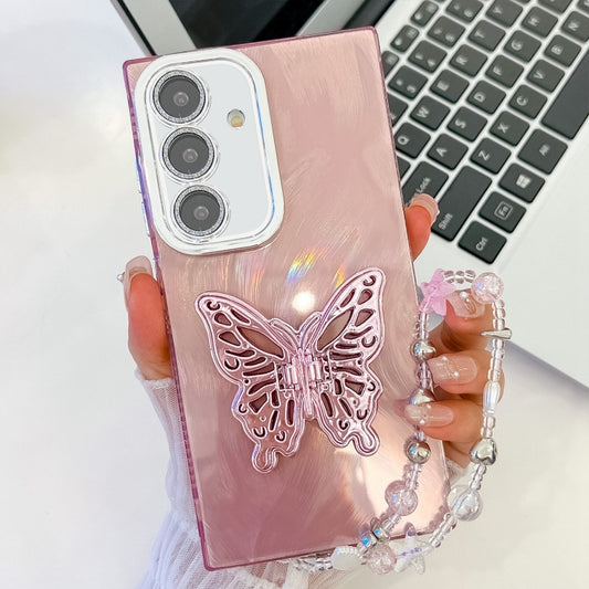 For Samsung Galaxy S25+ 5G Plating Glitter Lens Film Texture Butterfly Holder Wristband Phone Case(Pink Feather Yarn) - Galaxy S25+ 5G Cases by buy2fix | Online Shopping UK | buy2fix
