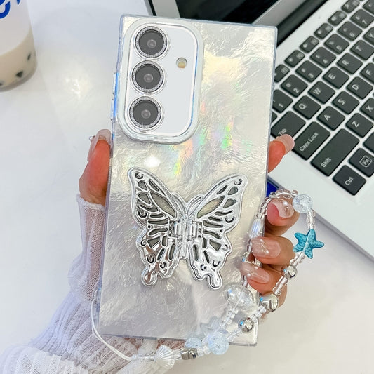 For Samsung Galaxy S25+ 5G Plating Glitter Lens Film Texture Butterfly Holder Wristband Phone Case(White Tinfoil Texture) - Galaxy S25+ 5G Cases by buy2fix | Online Shopping UK | buy2fix