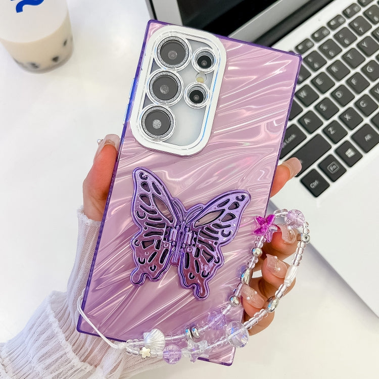 For Samsung Galaxy S25 Ultra 5G Plating Glitter Lens Film Texture Butterfly Holder Wristband Phone Case(Purple Water Ripples) by buy2fix