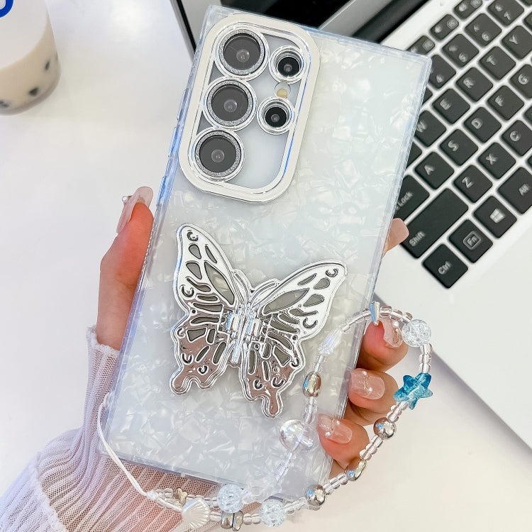 For Samsung Galaxy S25 Ultra 5G Plating Glitter Lens Film Texture Butterfly Holder Wristband Phone Case(White Shell Pattern) by buy2fix