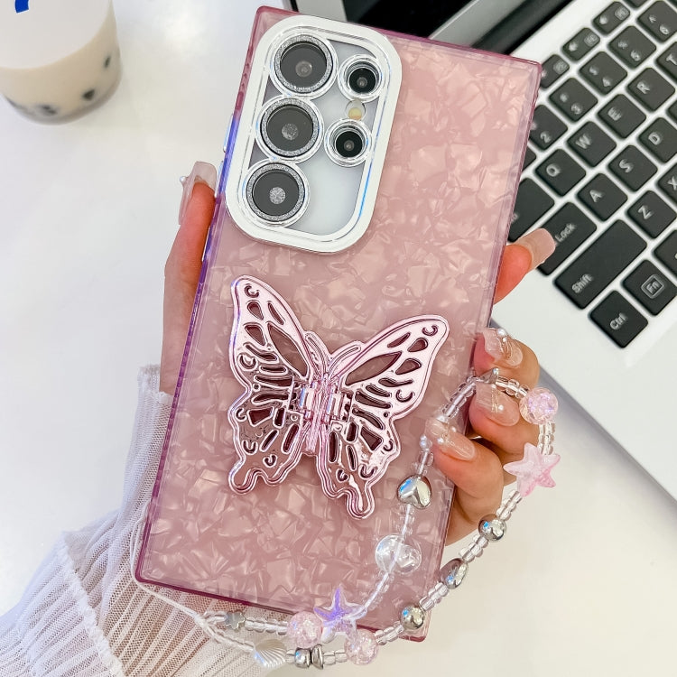 For Samsung Galaxy S25 Ultra 5G Plating Glitter Lens Film Texture Butterfly Holder Wristband Phone Case(Pink Shell Pattern) by buy2fix
