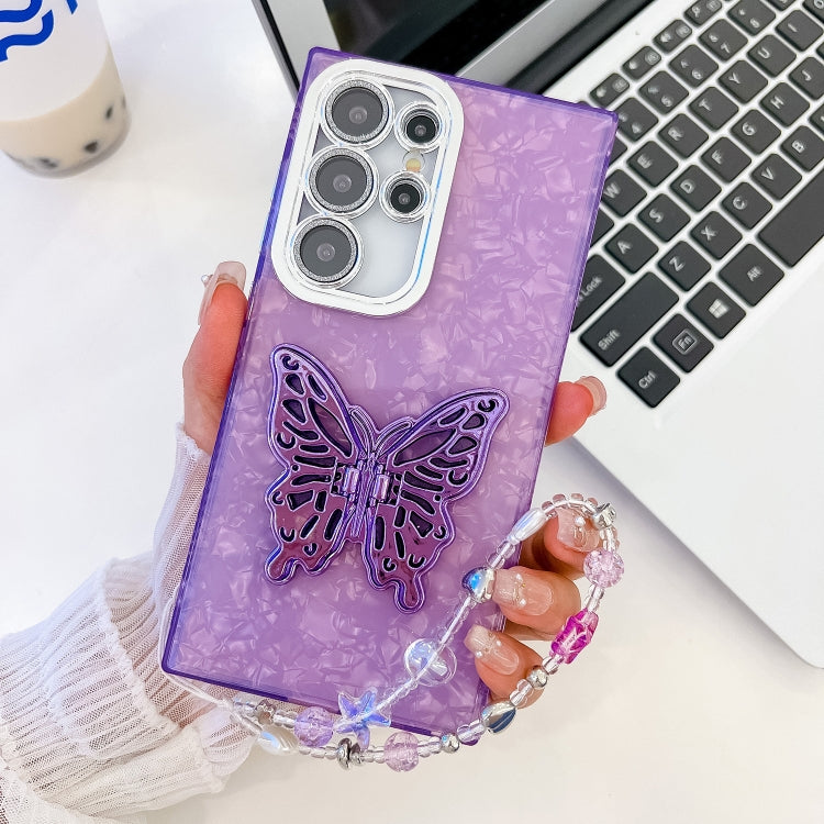 For Samsung Galaxy S25 Ultra 5G Plating Glitter Lens Film Texture Butterfly Holder Wristband Phone Case(Purple Shell Pattern) by buy2fix