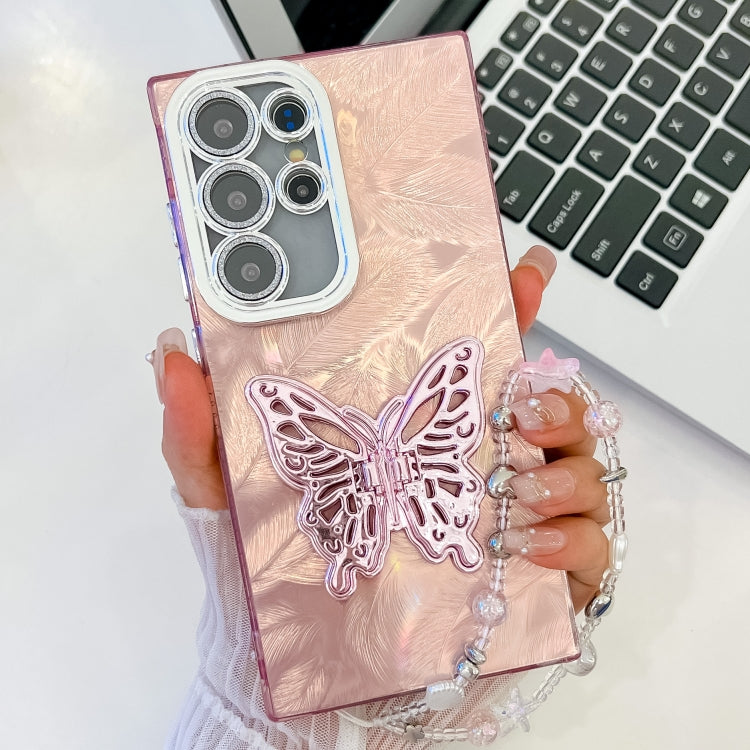 For Samsung Galaxy S25 Ultra 5G Plating Glitter Lens Film Texture Butterfly Holder Wristband Phone Case(Pink Feathers) by buy2fix