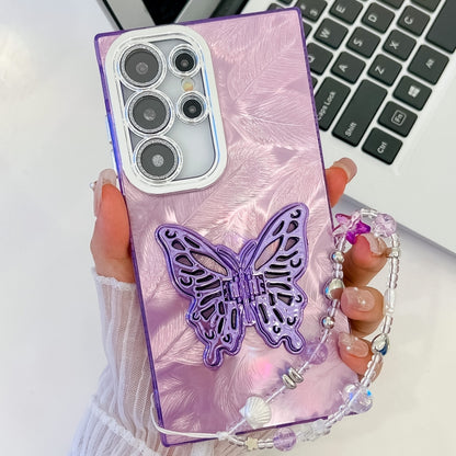 For Samsung Galaxy S25 Ultra 5G Plating Glitter Lens Film Texture Butterfly Holder Wristband Phone Case(Purple Feathers) by buy2fix
