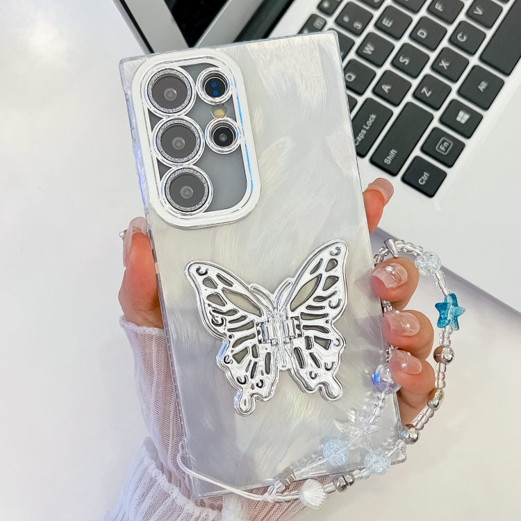 For Samsung Galaxy S25 Ultra 5G Plating Glitter Lens Film Texture Butterfly Holder Wristband Phone Case(White Feather Yarn) by buy2fix
