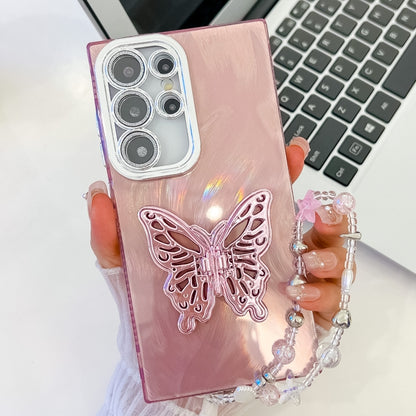 For Samsung Galaxy S25 Ultra 5G Plating Glitter Lens Film Texture Butterfly Holder Wristband Phone Case(Pink Feather Yarn) by buy2fix