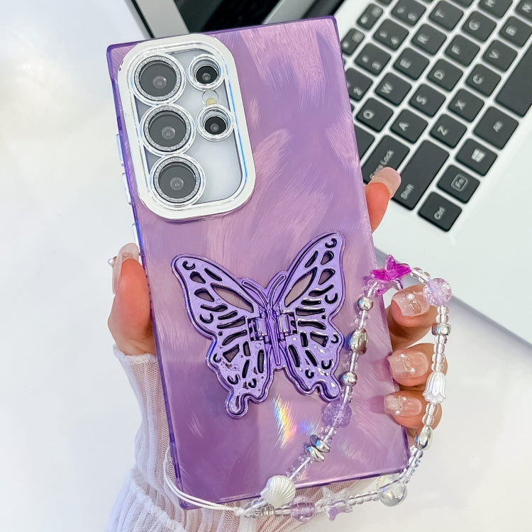 For Samsung Galaxy S25 Ultra 5G Plating Glitter Lens Film Texture Butterfly Holder Wristband Phone Case(Purple Feather Yarn) by buy2fix