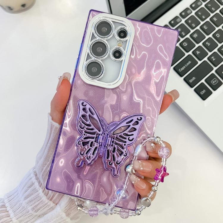 For Samsung Galaxy S25 Ultra 5G Plating Glitter Lens Film Texture Butterfly Holder Wristband Phone Case(Purple Wrinkles) by buy2fix