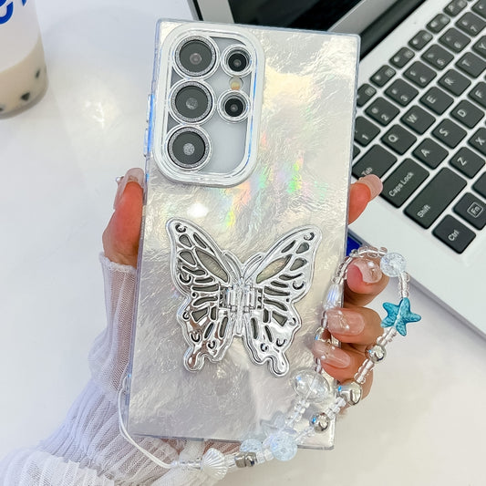 For Samsung Galaxy S25 Ultra 5G Plating Glitter Lens Film Texture Butterfly Holder Wristband Phone Case(White Tinfoil Texture) by buy2fix
