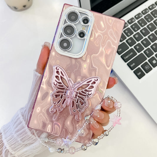 For Samsung Galaxy S25 Ultra 5G Plating Glitter Lens Film Texture Butterfly Holder Wristband Phone Case(Pink Tinfoil Texture) by buy2fix