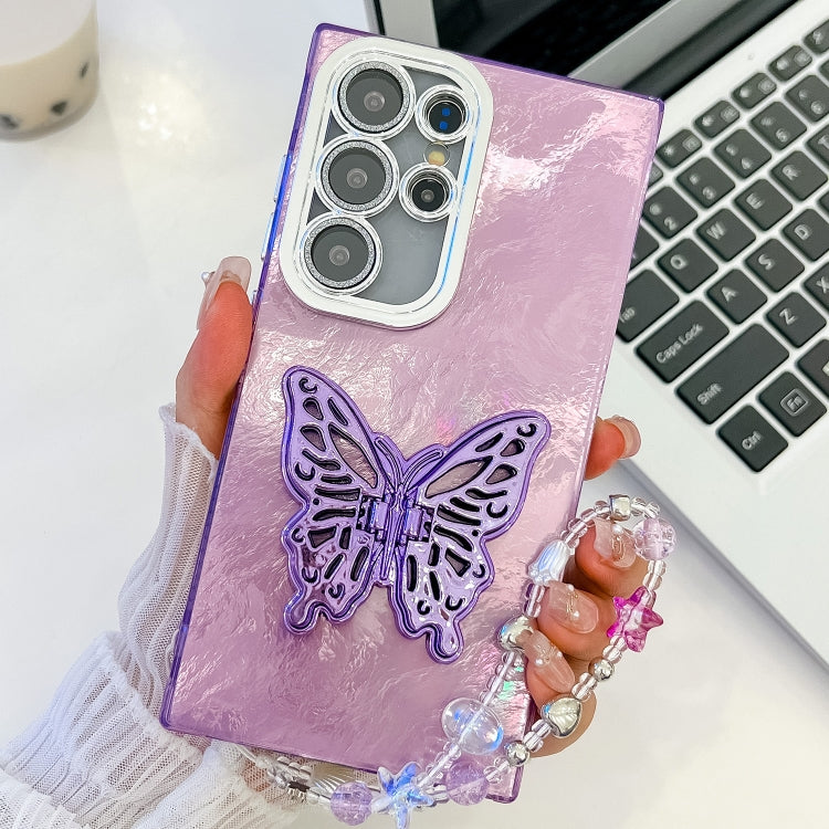 For Samsung Galaxy S25 Ultra 5G Plating Glitter Lens Film Texture Butterfly Holder Wristband Phone Case(Purple Tinfoil Texture) by buy2fix