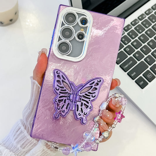 For Samsung Galaxy S25 Ultra 5G Plating Glitter Lens Film Texture Butterfly Holder Wristband Phone Case(Purple Tinfoil Texture) by buy2fix