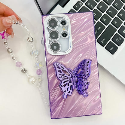 For Samsung Galaxy S25 5G Plating Glitter Lens Film Texture Butterfly Holder Wristband Phone Case(Purple Wrinkles) by buy2fix