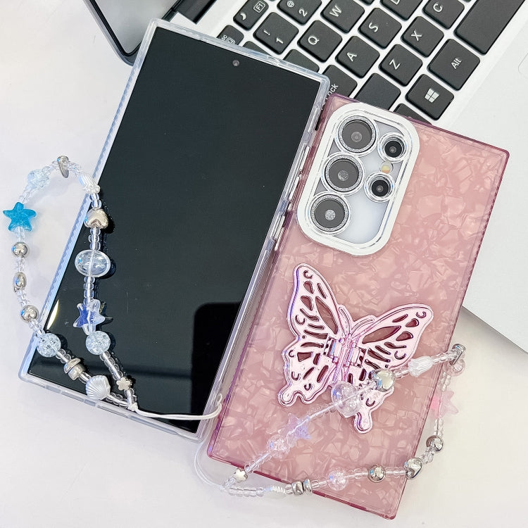 For Samsung Galaxy S25 Ultra 5G Plating Glitter Lens Film Texture Butterfly Holder Wristband Phone Case(Pink Feathers) by buy2fix