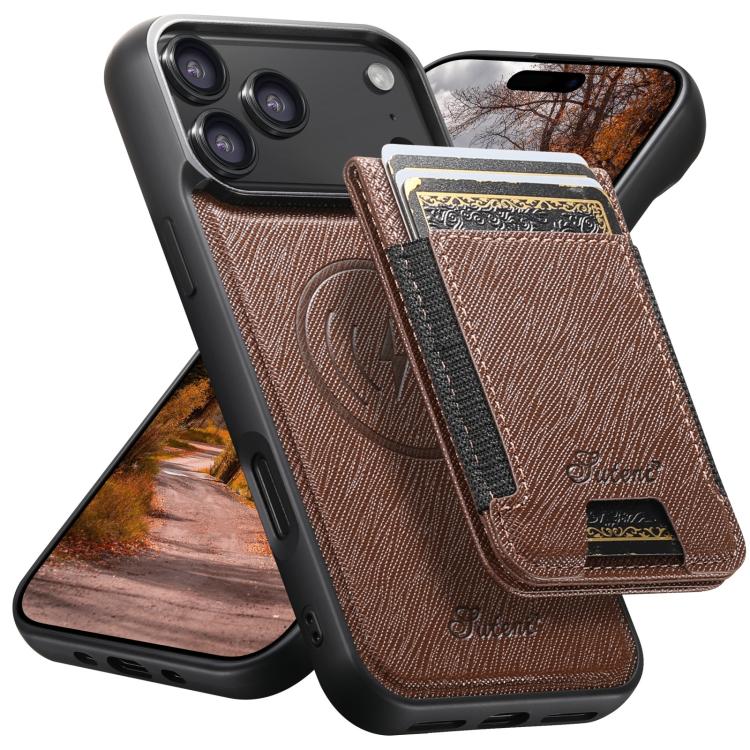 For iPhone 17 Pro Suteni H17 Cross Grain Leather MagSafe Detachable Wallet Phone Case(Brown) - iPhone 17 Pro Cases by Suteni | Online Shopping UK | buy2fix