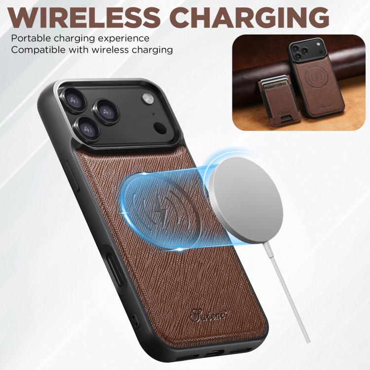 For iPhone 17 Suteni H17 Cross Grain Leather MagSafe Detachable Wallet Phone Case(Brown) - iPhone 17 Cases by Suteni | Online Shopping UK | buy2fix