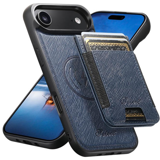 For iPhone Air Suteni H17 Cross Grain Leather MagSafe Detachable Wallet Phone Case(Blue)