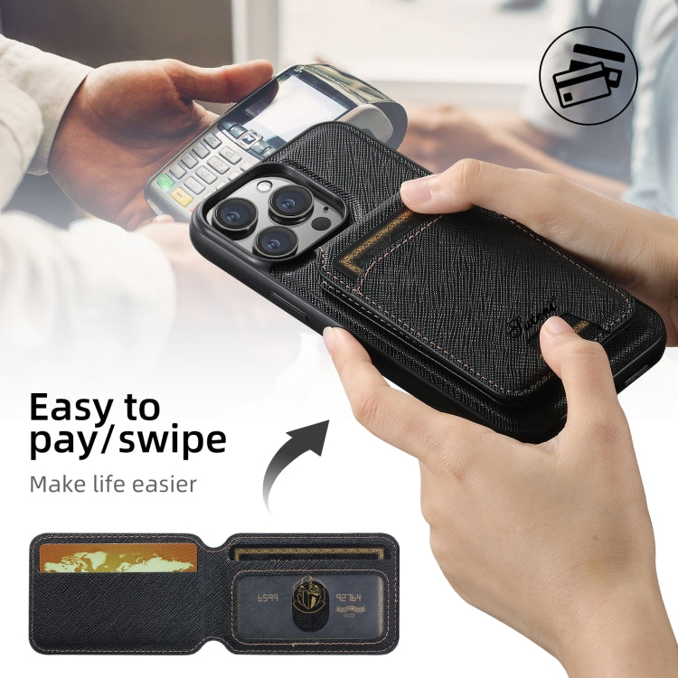 For iPhone 15 Pro Max Suteni H18 Cross Grain MagSafe Wallet Leather Phone Case(Black) by Suteni