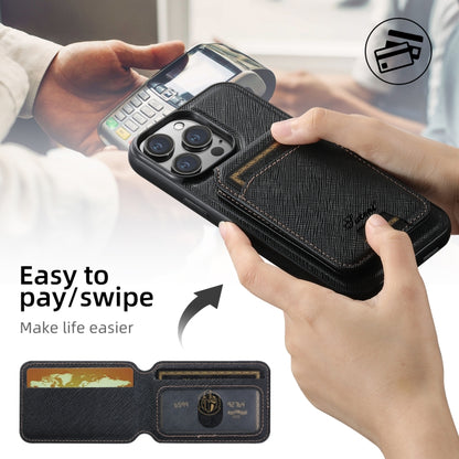 For iPhone 15 Pro Max Suteni H18 Cross Grain MagSafe Wallet Leather Phone Case(Black) by Suteni