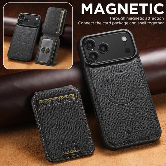 For iPhone 17 Pro Max Suteni H18 Cross Grain MagSafe Wallet Leather Phone Case(Black) - iPhone 17 Pro Max Cases by Suteni | Online Shopping UK | buy2fix