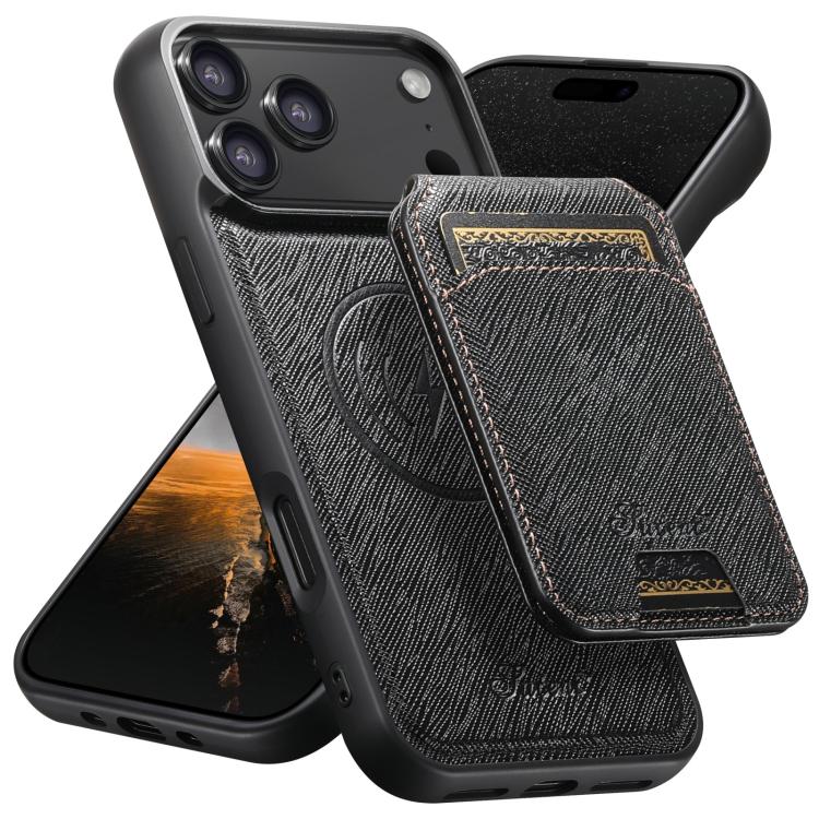 For iPhone 17 Pro Suteni H18 Cross Grain MagSafe Wallet Leather Phone Case(Black) - iPhone 17 Pro Cases by Suteni | Online Shopping UK | buy2fix