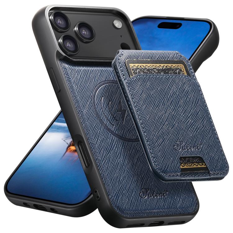 For iPhone 17 Pro Suteni H18 Cross Grain MagSafe Wallet Leather Phone Case(Blue) - iPhone 17 Pro Cases by Suteni | Online Shopping UK | buy2fix