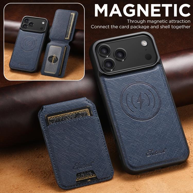 For iPhone 17 Pro Suteni H18 Cross Grain MagSafe Wallet Leather Phone Case(Blue) - iPhone 17 Pro Cases by Suteni | Online Shopping UK | buy2fix
