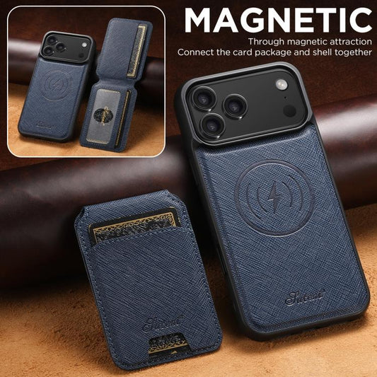 For iPhone 17 Pro Suteni H18 Cross Grain MagSafe Wallet Leather Phone Case(Blue) - iPhone 17 Pro Cases by Suteni | Online Shopping UK | buy2fix