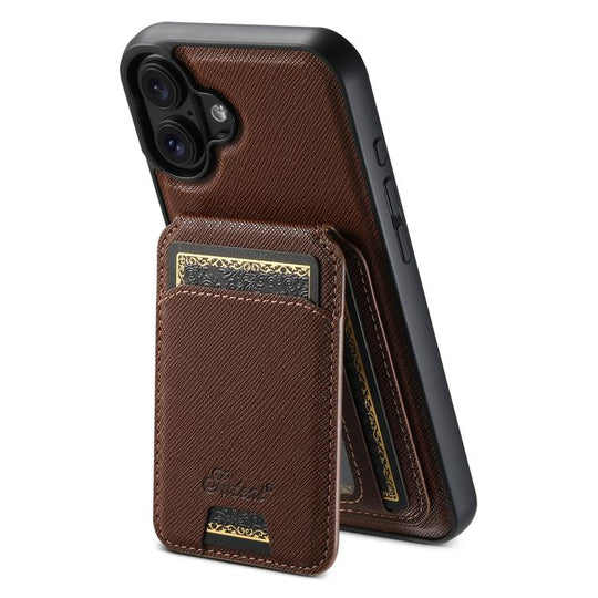 For iPhone 17 Suteni H18 Cross Grain MagSafe Wallet Leather Phone Case(Brown)