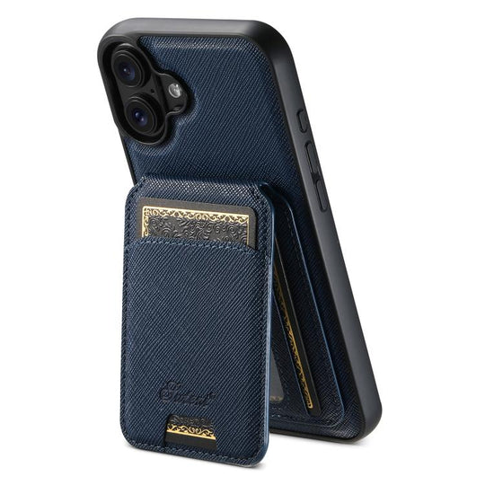 For iPhone 17 Suteni H18 Cross Grain MagSafe Wallet Leather Phone Case(Blue)