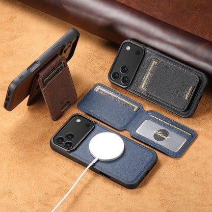 For iPhone 16 Pro Suteni H18 Cross Grain MagSafe Wallet Leather Phone Case(Blue) - iPhone 16 Pro Cases by Suteni | Online Shopping UK | buy2fix