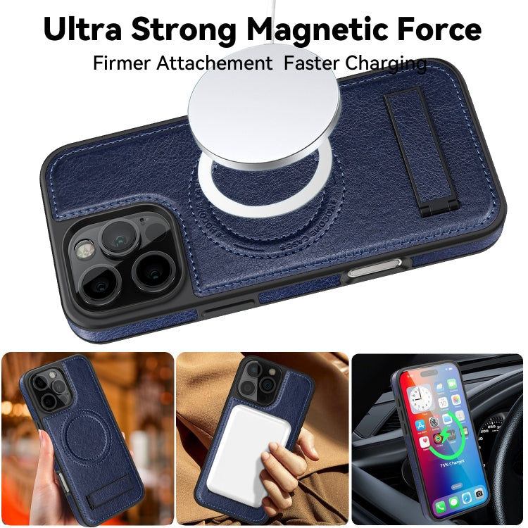 For iPhone 16 Pro Multi-function Holder MagSafe PU Phone Case(Blue) by buy2fix
