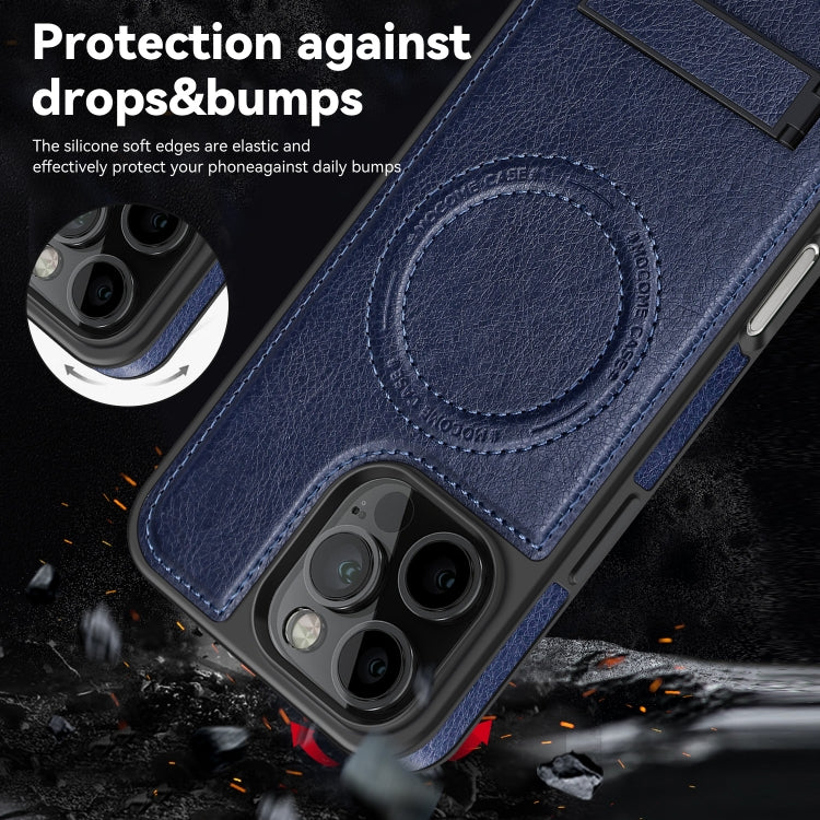 For iPhone 16 Pro Multi-function Holder MagSafe PU Phone Case(Blue) by buy2fix