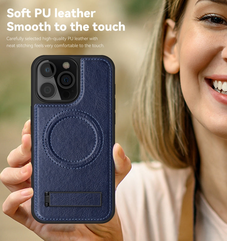 For iPhone 16 Pro Multi-function Holder MagSafe PU Phone Case(Blue) by buy2fix