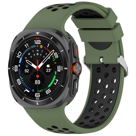 For Galaxy Watch Ultra2 2026 / 2025 / 1 2024 Holes Style Metal Connector Two Color Silicone Watch Band(Army Green Black)