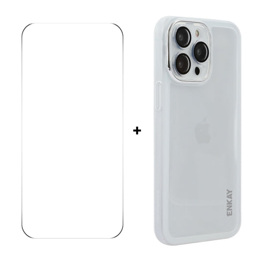 For iPhone 15 Pro Max ENKAY Hat-Prince Translucent Matte TPU Phone Case with Lens Film + 9H Big Arc Edge Film(White) by ENKAY