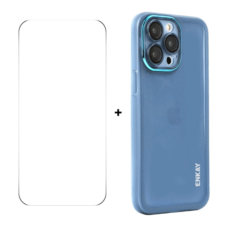 For iPhone 15 Pro ENKAY Hat-Prince Translucent Matte TPU Phone Case with Lens Film + 9H Big Arc Edge Film(Blue) - iPhone 15 Pro Cases by ENKAY | Online Shopping UK | buy2fix