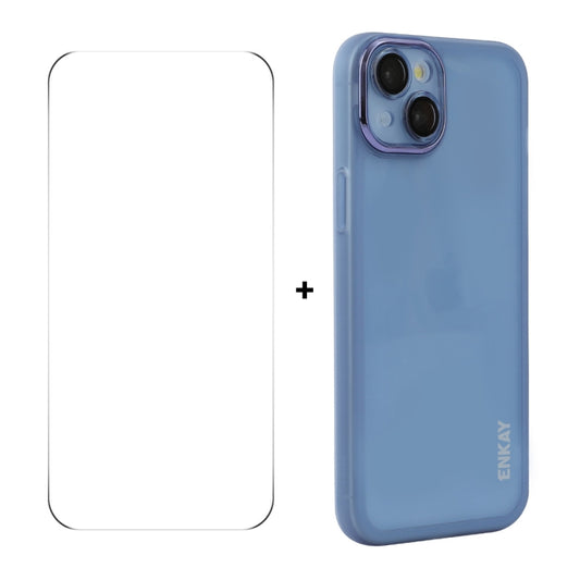 For iPhone 15 ENKAY Hat-Prince Translucent Matte TPU Phone Case with Lens Film + 9H Big Arc Edge Film(Blue) - iPhone 15 Cases by ENKAY | Online Shopping UK | buy2fix