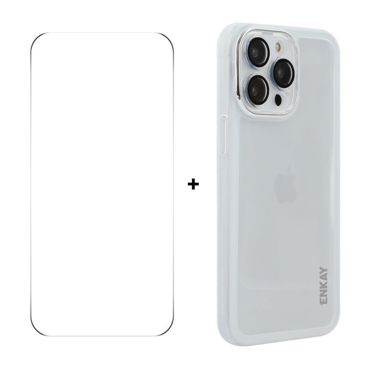 For iPhone 16 Pro Max ENKAY Hat-Prince Translucent Matte TPU Phone Case with Lens Film + 9H Big Arc Edge Film(White) by ENKAY