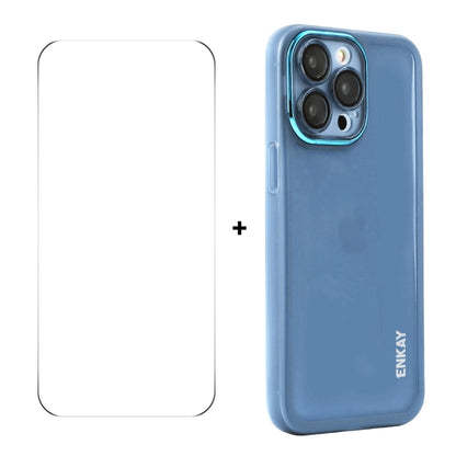 For iPhone 16 Pro ENKAY Hat-Prince Translucent Matte TPU Phone Case with Lens Film + 9H Big Arc Edge Film(Blue) by ENKAY