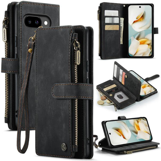 For Google Pixel 9a CaseMe C30 Card Slots Zipper Wallet Leather Phone Case(Black)