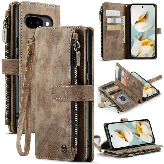 For Google Pixel 9a CaseMe C30 Card Slots Zipper Wallet Leather Phone Case(Brown)