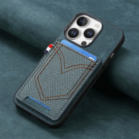 For iPhone 16 Pro Max Denim Texture Leather Skin Phone Case with Card Slot(Green) by buy2fix