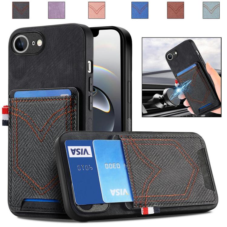 For iPhone 16e Denim Texture Leather Skin Phone Case with Card Slot(Black) - iPhone 16e Cases by buy2fix | Online Shopping UK | buy2fix
